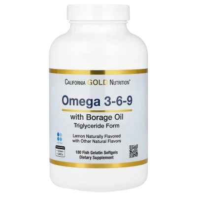 California Gold Nutrition Omega 3-6-9s with 3 Fish Oil and Borage Seed Oil Epa Dha Gla and Linoleic Acid Natural Lemon 180 Fish Gelatine Capsules