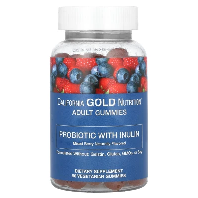 California Gold Nutrition Probiotic with Inulin Gummies with Vitamin C Folate Berry Extract Blend and Organic Inulin Natural Mixed Berry 90 Vegetarian Gummies