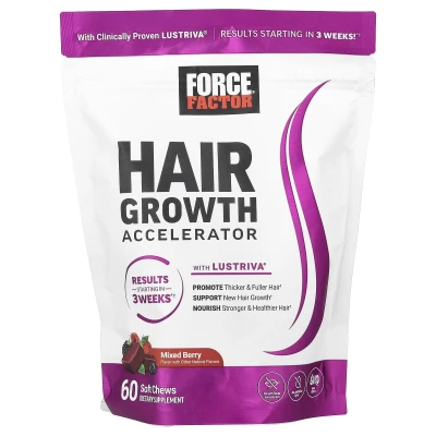 Force Factor Hair Growth Accelerator Mixed Berry With LUSTRIVA 60 Soft Chews Dietary Supplement