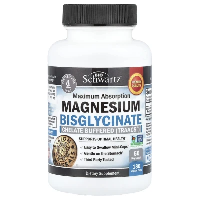 BioSchwartz Maximum Absorption Magnesium Bisglycinate 180 Veggie Caps (24 mg per Capsule)
