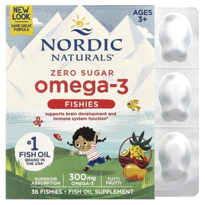 Nordic Naturals Omega-3 Fishies Zero Sugar Ages 3+ supports brain development and Immune system function 300mg 36 Fishies Oil Supplement