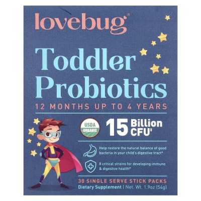 LoveBug Probiotics Toddler Probiotics 12 Months Up To 4 Years 15 Billion CFU 30 Single Serve Stick Packs 1.9 oz (54g)