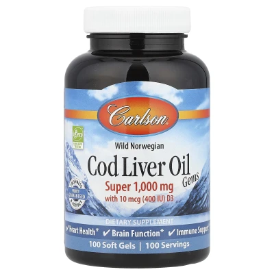 Carlson Wild Norwegian Cod Liver Oil Gems 1000mg 100 Soft Gels With 10 mcg (400 IU) D3