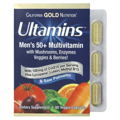 California Gold Nutrition Ultamins Men's 50+ Multivitamin with 100mg of Co Q10 per Serving 60 Veggie Capsules