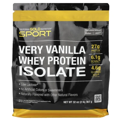 California Gold Nutrition - Sport | Whey Protein Isolate with Organic Cane Sugar | with Sunflower Lecithin | Very Vanilla | 2 lb (907 g)