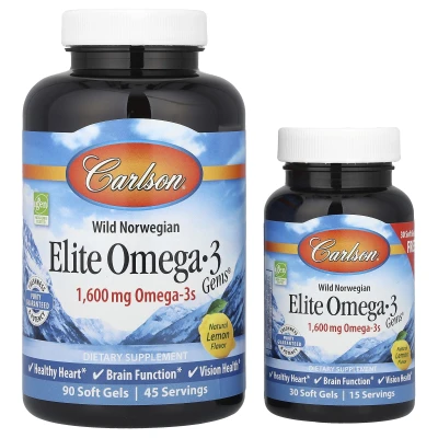 Carlson Wild Norwegian Elite Omega-3 Gems Natural Lemon 120 Soft Gels