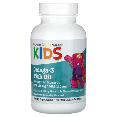 California Gold Nutrition Kid's Omega-3 Fish Oil Natural Strawberry 60 Fish Gelatin Softgels