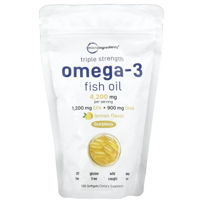 Micro Ingredients - Triple Strength Omega-3 Fish Oil | Lemon | 120 Capsules (1400 mg per Capsule)