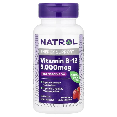 Natrol - Vitamin B-12 | Fast Dissolve | Strawberry | 5000 mcg | 100 Tablets