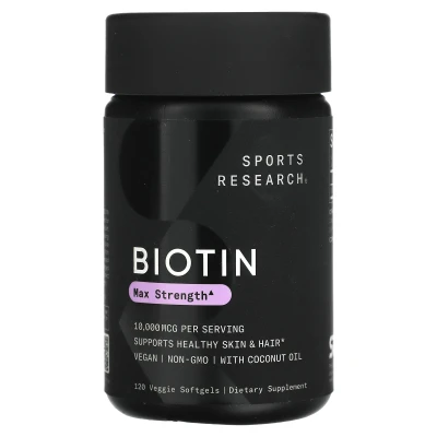 Sports Research - Biotin | Max Strength | 10000 mcg | 120 Veggie Softgels