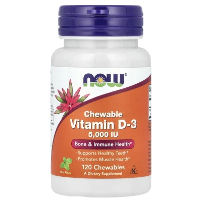 NOW Foods - Chewable Vitamin D-3 | Mint | 5000 IU | 120 Chewables