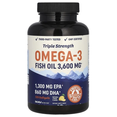 MAV Nutrition - Omega-3 Fish Oil | Triple Strength | Natural Lemon | 120 Softgels