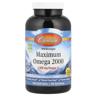 Carlson - Wild Norwegian | Maximum Omega 2000 | Natural Lemon | 180 Soft Gels (1000 mg per Soft Gel)