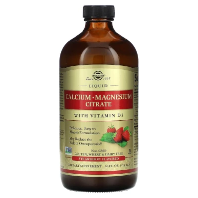 Solgar - Liquid Calcium Magnesium Citrate with Vitamin D3 | Strawberry | 16 fl oz (473 ml)