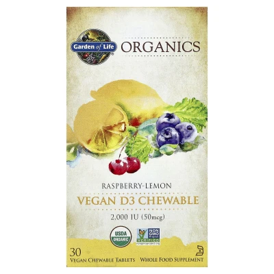 Garden of Life - Organics | Vegan D3 Chewable | Raspberry-Lemon | 50 mcg (2000 IU) | 30 Vegan Chewable Tablets