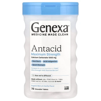 Genexa - Antacid | Maximum Strength | Organic Berry & Vanilla | 1000 mg | 72 Chewable Tablets
