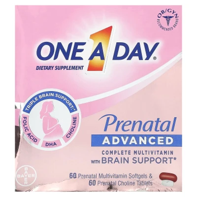 One-A-Day - Prenatal Advanced | Complete Multivitamin with Brain Support | 60 Prenatal Multivitamin Softgels & 60 Prenatal Choline Tablets