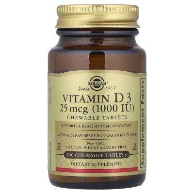 Solgar - Vitamin D3 | Natural Strawberry Banana Swirl | 25 mcg (1000 IU) | 100 Chewable Tablets