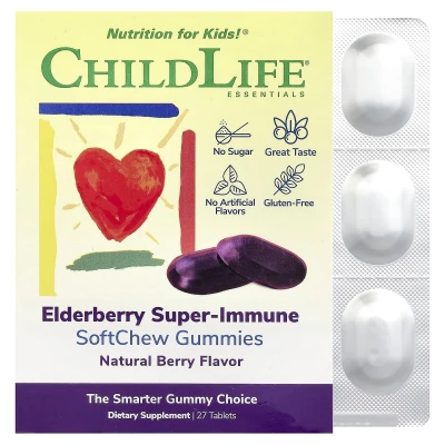 ChildLife Essentials - Kids | Elderberry Super-Immune SoftChew Gummies | Natural Berry | 27 Tablets