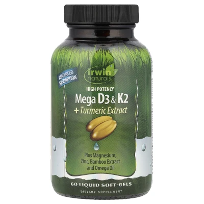 Irwin Naturals - High Potency Mega D3 & K2 + Turmeric Extract | 60 Liquid Soft Gels