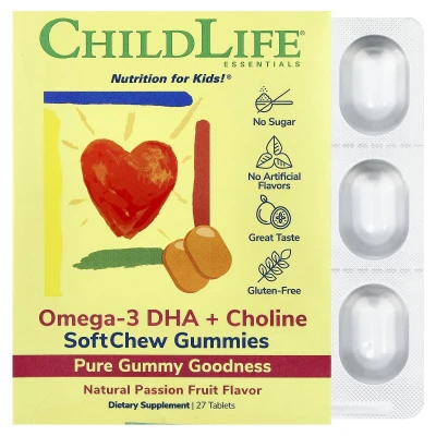 ChildLife Essentials - Essentials | Omega-3 DHA + Choline | SoftChew Gummies | Passion Fruit | 27 Tablets