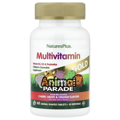 NaturesPlus - Animal Parade® Gold | Children's Chewable Multivitamin | Cherry | Grape & Orange | 60 Animal-Shaped Tablets