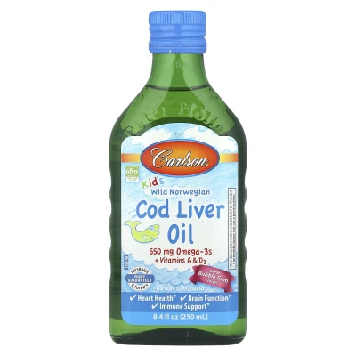 Carlson - Kid's Wild Norwegian Cod Liver Oil + Vitamins A & D3 | Bubblegum | 8.4 fl oz (250 ml)