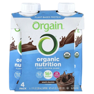 Orgain - Organic Nutrition | Plant Protein Shake | Smooth Chocolate | 4 Pack | 11 fl oz (330 ml) Each