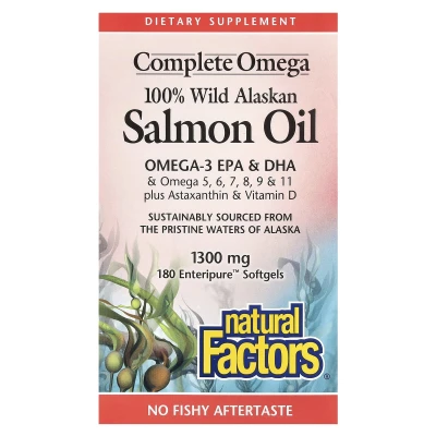Natural Factors - Complete Omega | 100% Wild Alaskan Salmon Oil | 1300 mg | 180 Enteripure Softgels