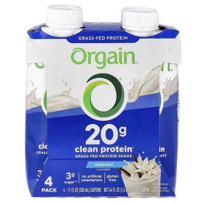 Orgain - Clean Grass-Fed Protein Shake | Vanilla Bean | 4 Pack | 11 fl oz (330 ml) Each