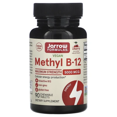 Jarrow Formulas - Vegan Methyl B-12 | Maximum Strength | Cherry | 5000 mcg | 90 Chewable Tablets