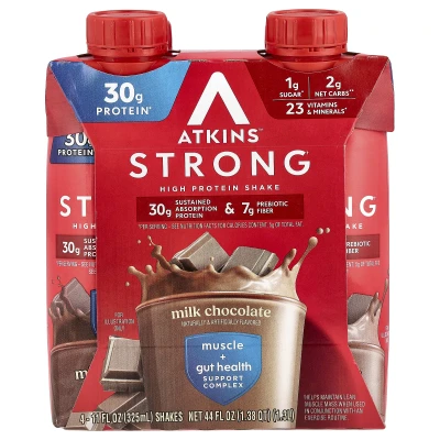 Atkins - Strong | High Protein Shake | Milk Chocolate | 4 Shakes | 11 fl oz (325 ml) Each