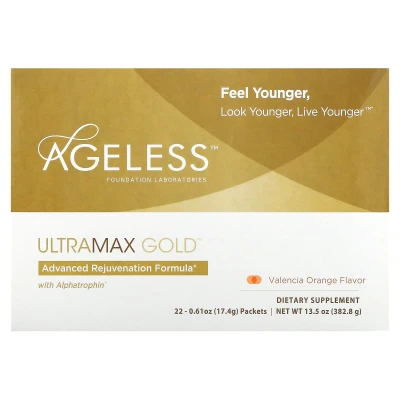 Ageless Foundation Laboratories - UltraMax Gold | Advanced Rejuvenation Formula with Alphatrophin | Valencia Orange | 22 Packets | 0.61 oz (17.4 g) Each