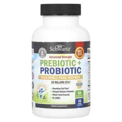 BioSchwartz - Advanced Strength Prebiotic + Probiotic Plus Whole Food Enzymes | 20 Billion CFU | 60 Veg Capsules