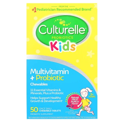 Culturelle - Kids | Multivitamin + Probiotic Chewables | 3+ Years | Natural Fruit Punch | 50 Chewable Tablets