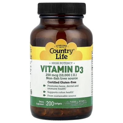 Country Life - Vitamin D3 | High Potency | 250 mcg (10000 IU) | 200 Softgels