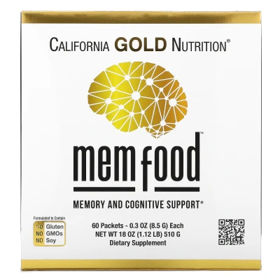 California Gold Nutrition - MEM Food | Memory & Cognitive Support with MEM Blend | L-Serine | Organic Lion's Mane and Blueberry Juice Powder | 60 Packets | 0.3 oz (8.5 g) Each