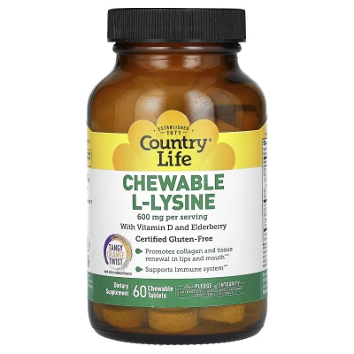 Country Life - Chewable L-Lysine With Vitamin D and Elderberry | Tangy Orange Twist | 60 Chewable Tablets