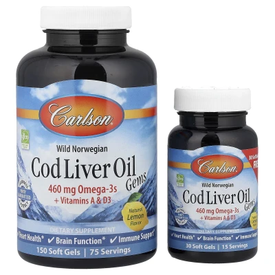 Carlson - Wild Norwegian Cod Liver Oil Gems | Lemon | 150 + 30 Soft Gels