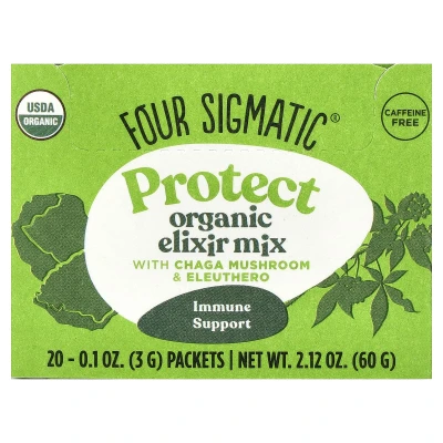 Four Sigmatic - Protect | Organic Elixir Mix With Chaga Mushroom & Eleuthero | Caffeine Free | 20 Packets | 0.1 oz (3 g) Each