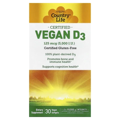 Country Life - Certified Vegan D3 | 125 mcg (5000 IU) | 30 Vegan Softgels