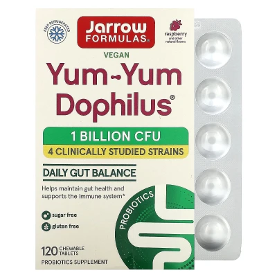 Jarrow Formulas - Yum-Yum Dophilus | Raspberry | 1 Billion CFU | 120 Chewable Tablets