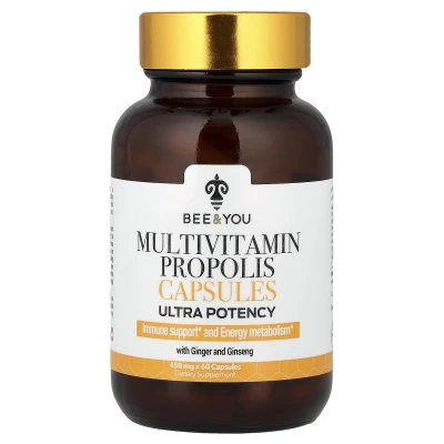Bee & You - Multivitamin Propolis Capsules with Ginger and Ginseng | Ultra Potency | 60 Capsules