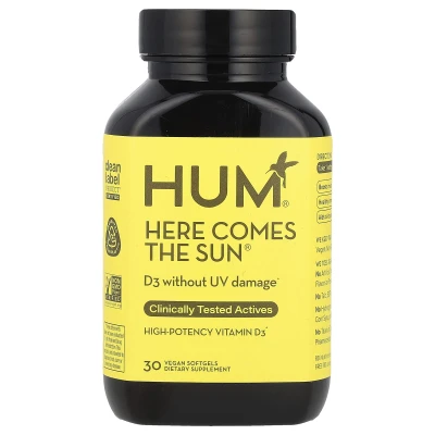 HUM Nutrition - Here Comes The Sun® | High-Potency Vitamin D3 | 30 Vegan Softgels (50 mcg per Softgel)