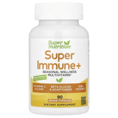 Super Nutrition - Super Immune+ Multivitamin with Super Adaptogens | Vitamin C | Vitamin D | Zinc | and Beta Glucan | 90 Veggie Capsules