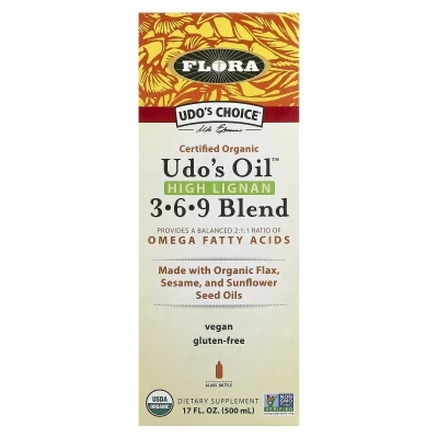 Flora - Udo's Choice | Certified Organic Udo's Oil | High Lignan 3-6-9 Blend | 17 fl oz (500 ml)