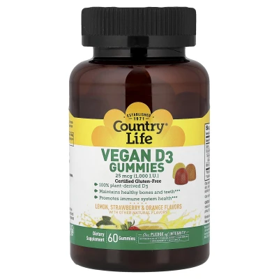 Country Life - Vegan D3 Gummies | Lemon | Strawberry & Orange | 25 mcg (1 | 000 IU) | 60 Gummies