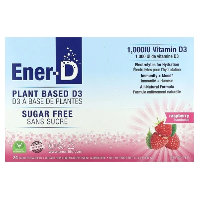 Ener-C - Ener-D | Vitamin D3 | Hydrating Effervescent Drink Mix | Sugar Free | Raspberry | 1 | 000 mg | 24 Packets