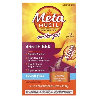 Metamucil - On-The-Go | 4-in-1 Fibre | Orange | Sugar Free | 30 Powder Packets | 0.21 oz (5.8 g) Each