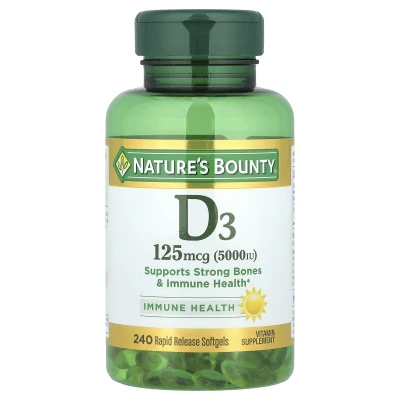 Natures Bounty D3 5000 IU Supports Strong Bones & Immune Health Vitmamin Supplement 240 Rapaid Release Softgels